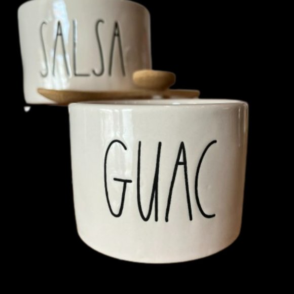 Rae Dunn Salsa and Guac bowls with wooden spoons. - Picture 5 of 7